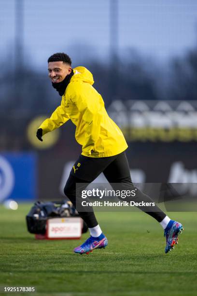 Jadon Sancho is seen during a training session after being signed by Borussia Dortmund on loan on January 11, 2024 in Dortmund, Germany.