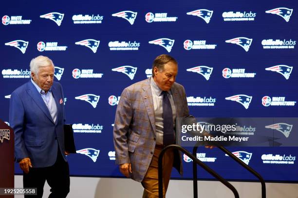 Head coach Bill Belichick of the New England Patriots and owner Robert Kraft walk off the stage after a press conference at Gillette Stadium on...