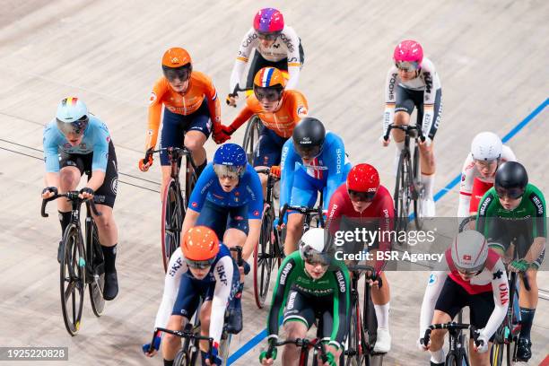 Marit Raaijmakers of the Netherlands and Lisa van Belle of the Netherlands competing in the Women's Madison during Day 5 of the 2024 UEC Track Elite...