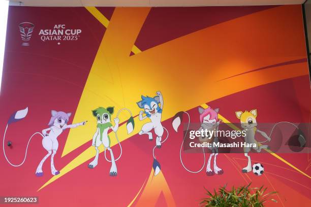 Zkriti, Traeneh, Freha, Saboog and Tmbki, the mascots family of Asian Cup 2023 are displayed on the wall prior to the AFC Asian Cup on January 11,...