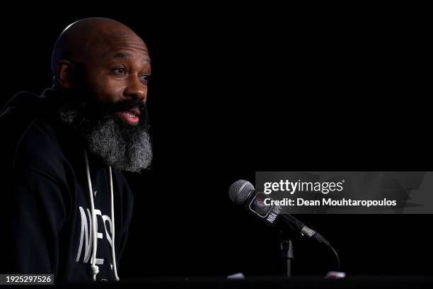 Head Coach of the Brooklyn Nets, Jacque Vaughn speaks to the media prior to the NBA match between Brooklyn Nets and Cleveland Cavaliers at The Accor...