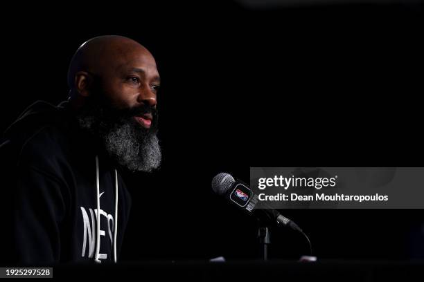 Head Coach of the Brooklyn Nets, Jacque Vaughn speaks to the media prior to the NBA match between Brooklyn Nets and Cleveland Cavaliers at The Accor...