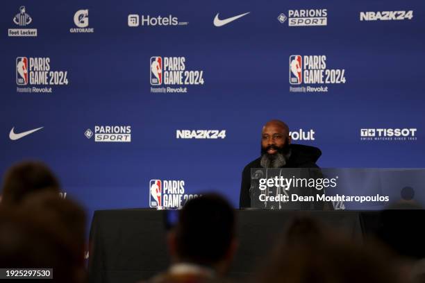 Head Coach of the Brooklyn Nets, Jacque Vaughn speaks to the media prior to the NBA match between Brooklyn Nets and Cleveland Cavaliers at The Accor...