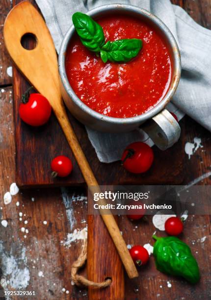 homemade marinara sauce in the metal jar - tomato sauce stock pictures, royalty-free photos & images