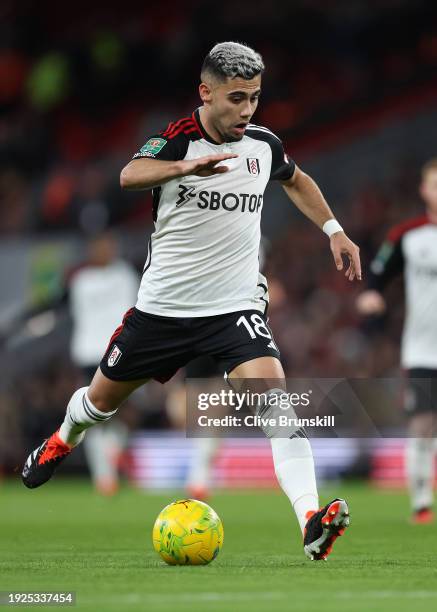 Andreas Pereira of Fulham on the ball during the Carabao Cup Semi Final First Leg match between Liverpool and Fulham at Anfield on January 10, 2024...