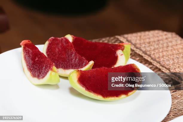 close-up of fruits in plate on table - jello mold stock pictures, royalty-free photos & images