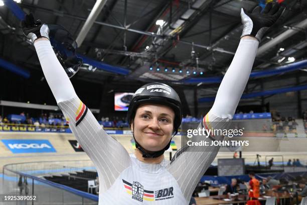 Germany's Lea Sophie Friedrich celebrates winning gold in the final round of the Women's Keirin race during the fifth day of the UEC European Track...