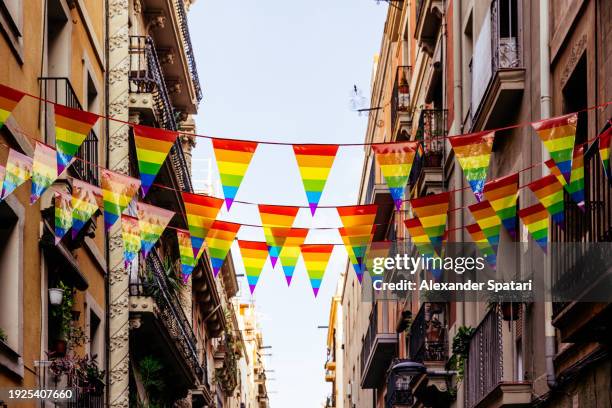 street decorated with rainbow flags for lgbtqi+ pride - orgullo fotografías e imágenes de stock