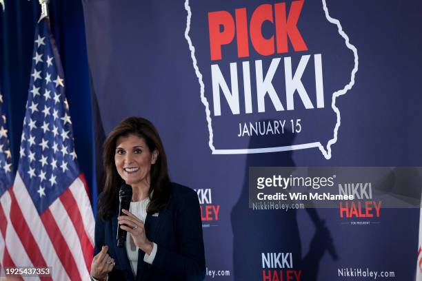 Republican presidential candidate former U.N. Ambassador Nikki Haley speaks during a campaign event on January 11, 2024 in Ankeny, Iowa. Iowa...