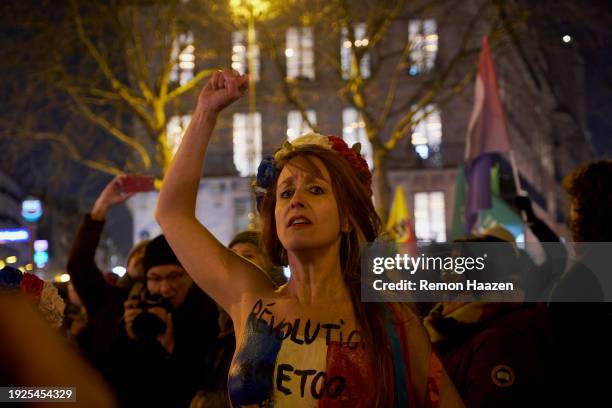 Women from the feminist movement Femen join a rally against sexual violence on January 11, 2024 in Paris, France. Dozens of organisations have called...
