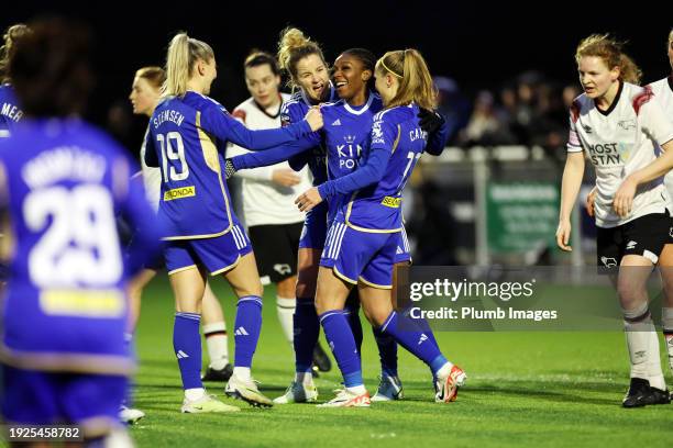 Deanne Rose of Leicester City women celebrates with Janice Cayman of Leicester City women, Sophie Howard of Leicester City women and Remy Siemsen of...
