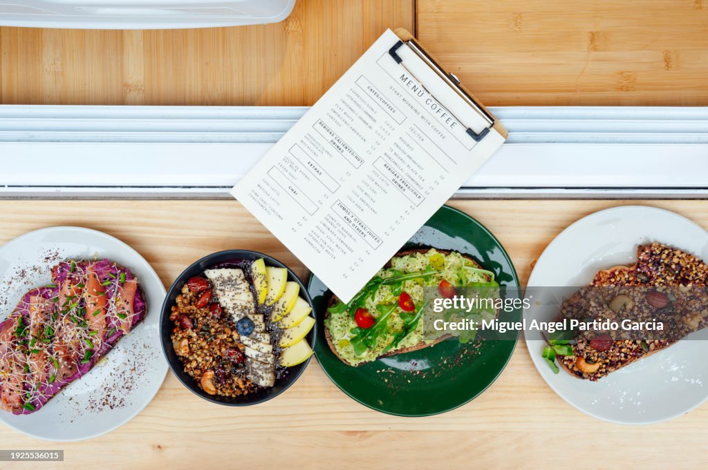 Healthy breakfast in a cafe top view