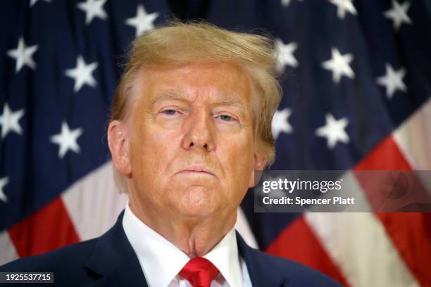 Former U.S. President Donald Trump speaks to the media at one of his properties, 40 Wall Street, following closing arguments at his civil fraud trial...