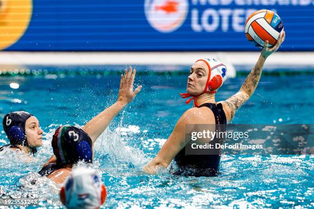 Sabrina van der Sloot of the Netherlands throws a ball, Giuditta Galardi of Italy, Dafne Bettini of Italy during the 2024 European Women's Water Polo...