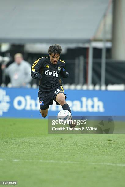 Freddy Garcia of the Columbus Crew dribbles against the Los Angeles Galaxy on April 5, 2003 at Columbus Crew Stadium in Columbus, Ohio. The Galaxy...