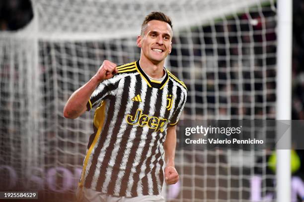 Arkadiusz Milik of Juventus celebrates scoring his team's second goal during the Coppa Italia quarter final match between Juventus FC and Frosinone...