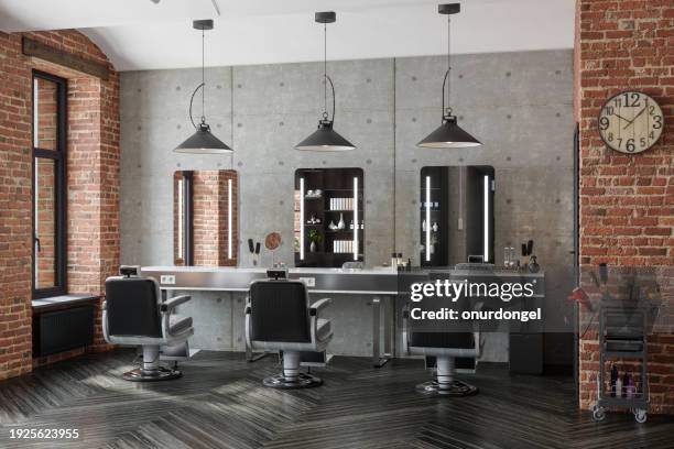 barbier avec miroirs, chaises, suspensions et mur de briques - saloon photos et images de collection