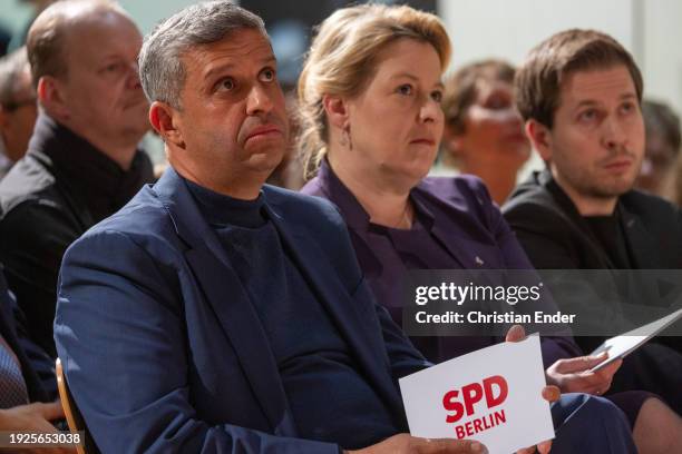 Co-Leaders of Berlin's Social Democratic Party , Franziska Giffey Raed Saleh , SPD secretaryGeneral Kevin Kuehnert officially launch with other...