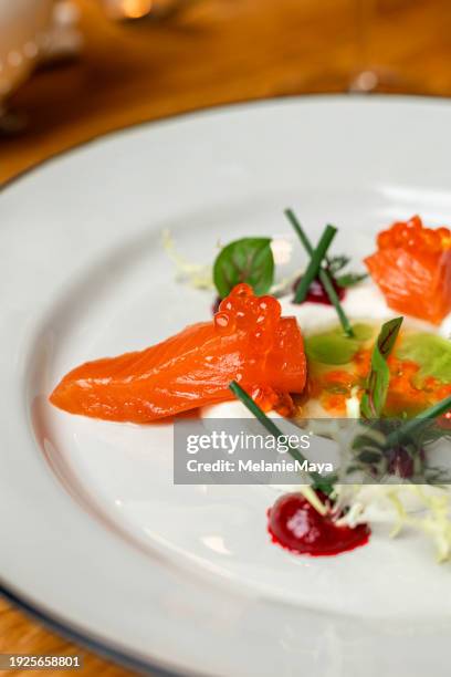 elegant salmon appetizer dish with smoked salmon, salmon caviar, vinaigrette and radish cream served  in michelin star restaurant - radish vinaigrette stock pictures, royalty-free photos & images