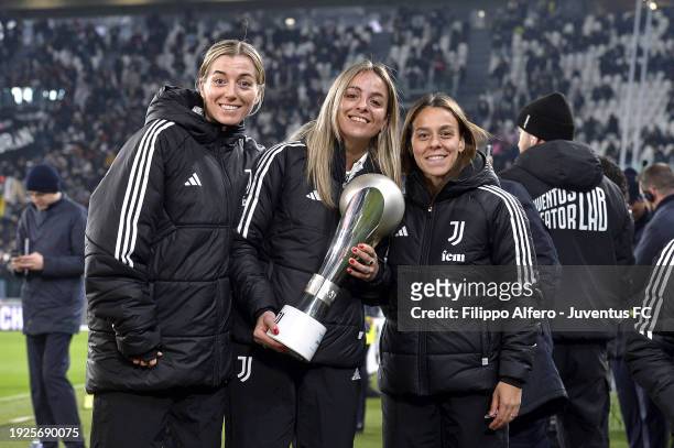 Linda Biagitta Sembrant, Martina Rosucci and Lisa Boattin of Juventus Women celebrate with teammates after winning the Italian Super Cup at Allianz...