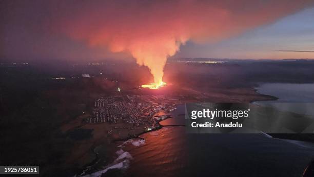 An aerial view shows lava after volcano eruption located close to Sundhnukagigar, about 4 kilometers northeast of Grindavik town of Reykjanes...
