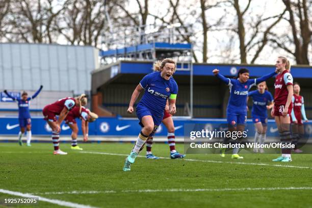 Erin Cuthbert of Chelsea celebrates scoring their 2nd goal during the Women's FA Cup Fourth Round match between Chelsea and West Ham United Women at...