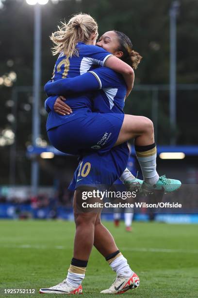 Erin Cuthbert of Chelsea celebrates scoring their 2nd goal with Lauren James during the Women's FA Cup Fourth Round match between Chelsea and West...