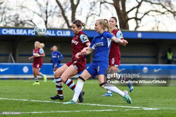 Aggie Beever-Jones of Chelsea score their 3rd goal during the Women's FA Cup Fourth Round match between Chelsea and West Ham United Women at...