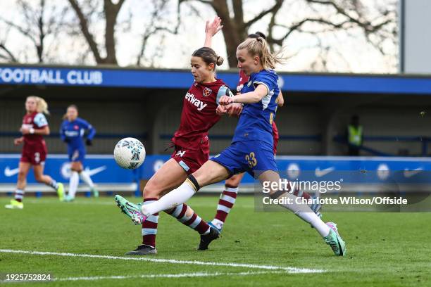 Aggie Beever-Jones of Chelsea score their 3rd goal during the Women's FA Cup Fourth Round match between Chelsea and West Ham United Women at...