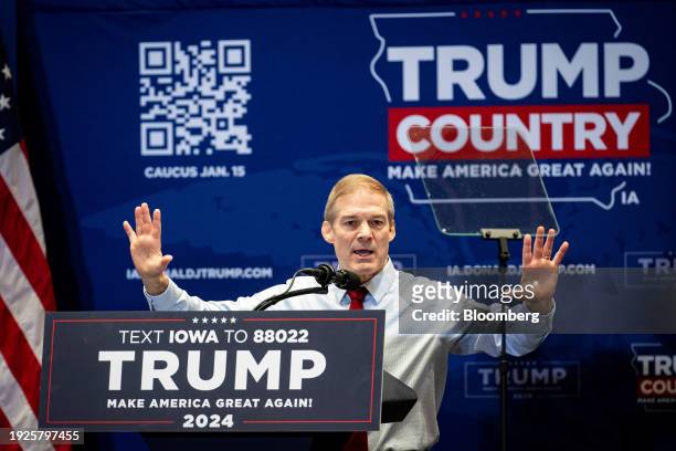 Representative Jim Jordan, a Republican from Ohio, speaks during a campaign event for former US President Donald Trump at Simpson College in...