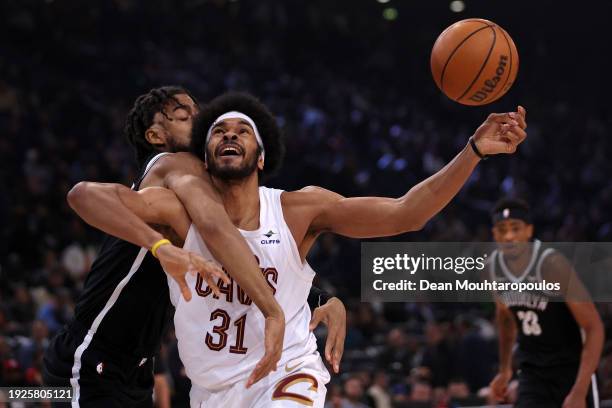 Jarrett Allen of Cleveland Cavaliers is fouled by Trendon Watford of Brooklyn Nets during the NBA match between Brooklyn Nets and Cleveland Cavaliers...
