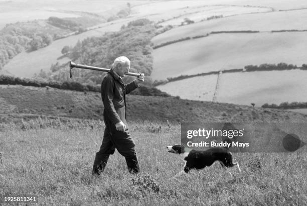 Farmer checks a field on his farm with his herding dog in the Lorna Doon Country in Exmoor National Park, Devon, England, 1980. .