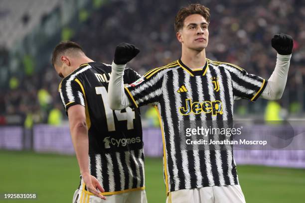 Kenan Yildiz of Juventus celebrates after scoring to give the side a 4-0 lead during the Coppa Italia Quarter Final match between Juventus FC and...