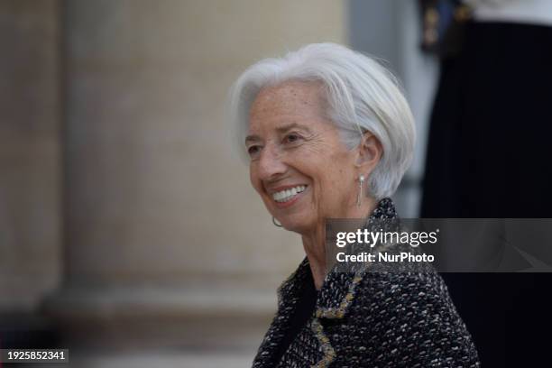 European Central Bank Chief Christine Lagarde is arriving at the French Presidential Elysee Palace for a lunch following the national tribute...