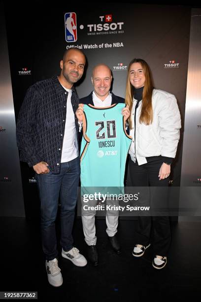 Tony Parker, Tissot CEO Sylvain Dolla, and Sabrina Ionescu attend Tissot Live Bar during the NBA Paris Game 2024 at AccorHotels Arena on January 11,...