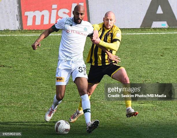 Modestas Vorobjovas of Istanbulspor and Steven Nzonzi of Konyaspor battle for the ball during the Turkish Super League match between Istanbulspor and...
