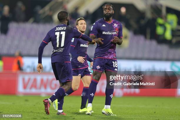Bala Nzola of ACF Fiorentina celebrates after scoring a goal during the Serie A TIM match between ACF Fiorentina and Udinese Calcio - Serie A TIM at...