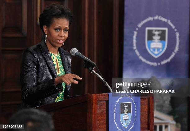 First lady Michelle Obama speaks to students at the University of Cape Town in Cape Town, South Africa on June 23, 2011. AFP PHOTO/POOL/Charles...