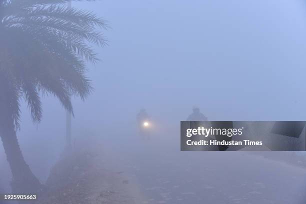 Vehicles moving slowly amid dense fog at Dasna on January 14, 2024 in Ghaziabad, India. Foggy morning challenges Delhi-NCR with intensifying cold...