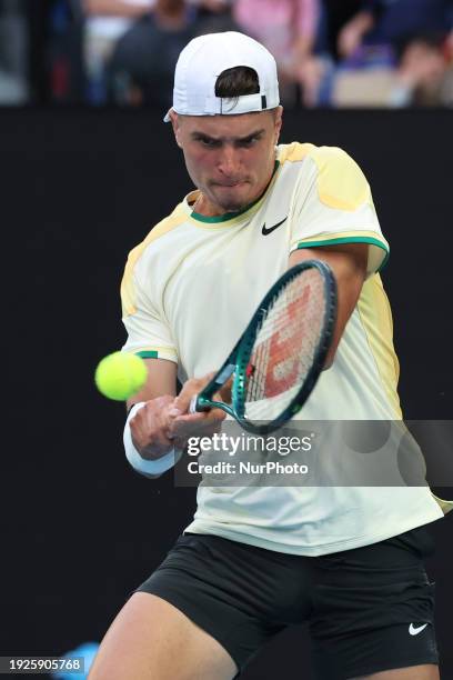 Novak Djokovic is playing against Dino Primiz in their round one singles match on day one of the 2024 Australian Open at Melbourne Park in Melbourne,...