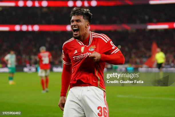 New signing Marcos Leonardo of SL Benfica celebrates after scoring a goal during the Liga Portugal Betclic match between SL Benfica and Rio Ave FC at...