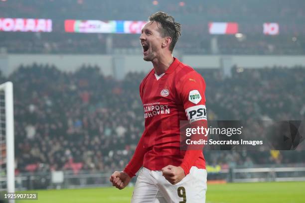Luuk de Jong of PSV celebrates 3-0 during the Dutch Eredivisie match between PSV v Excelsior at the Philips Stadium on January 13, 2024 in Eindhoven...