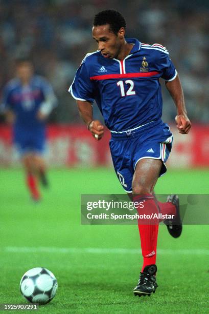 July 2: Thierry Henry of France on the ball during the UEFA Euro 2000 Final match between France and Italy at Stadion Feijenoord De Kuip on July 2,...