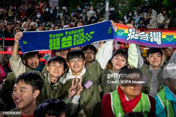 Supporters cheer after the presidential election result came out Lai Ching-te from the Democratic Progressive Party won the Taiwan Presidential...