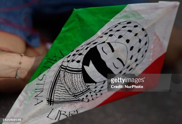 Members of the Palestinian community in Mexico, along with various social and political organizations, are flying kites in the Zocalo of Mexico City,...