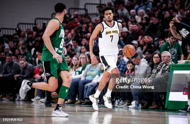 January 14: Mojave King of the Indiana Mad Ants dribbles the ball during the game against the Maine Celtics on January 14, 2024 at Portland Expo...
