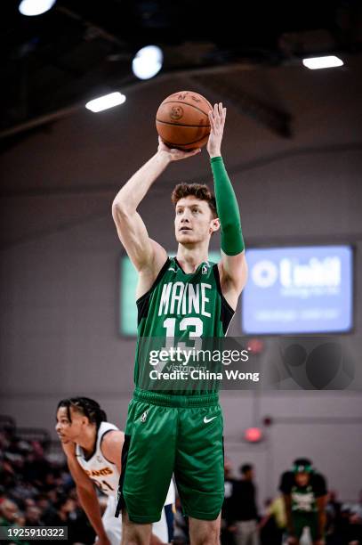 January 14: Drew Peterson of the Maine Celtics shoots a free throw during the game against the Indiana Mad Ants on January 14, 2024 at Portland Expo...