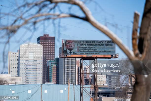 Billboard targeting former US President Donald Trump ahead of the Iowa caucus in Des Moines, Iowa, US, on Sunday, Jan. 14, 2024. Iowans on Monday...