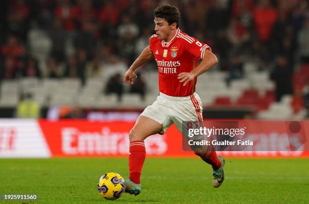 Joao Neves of SL Benfica in action during the Liga Portugal Betclic match between SL Benfica and Rio Ave FC at Estadio da Luz on January 14, 2024 in...