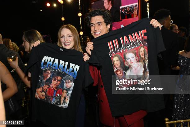 Julianne Moore and Charles Melton at The 29th Critics' Choice Awards held at The Barker Hangar on January 14, 2024 in Santa Monica, California.